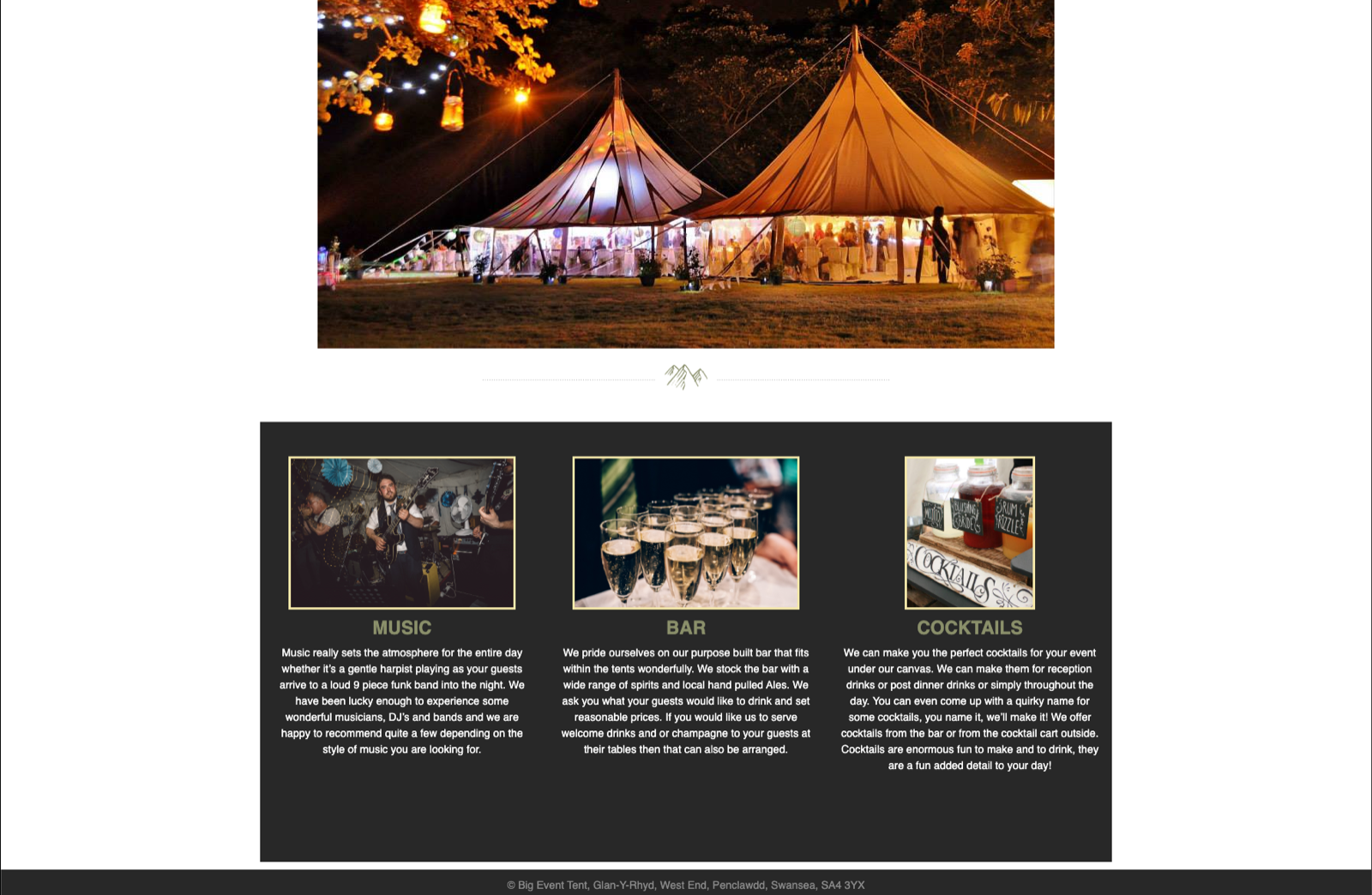 Big Event Tent website detail — lit marquee at night photograph with feature tiles for Music, Bar and Cocktails below