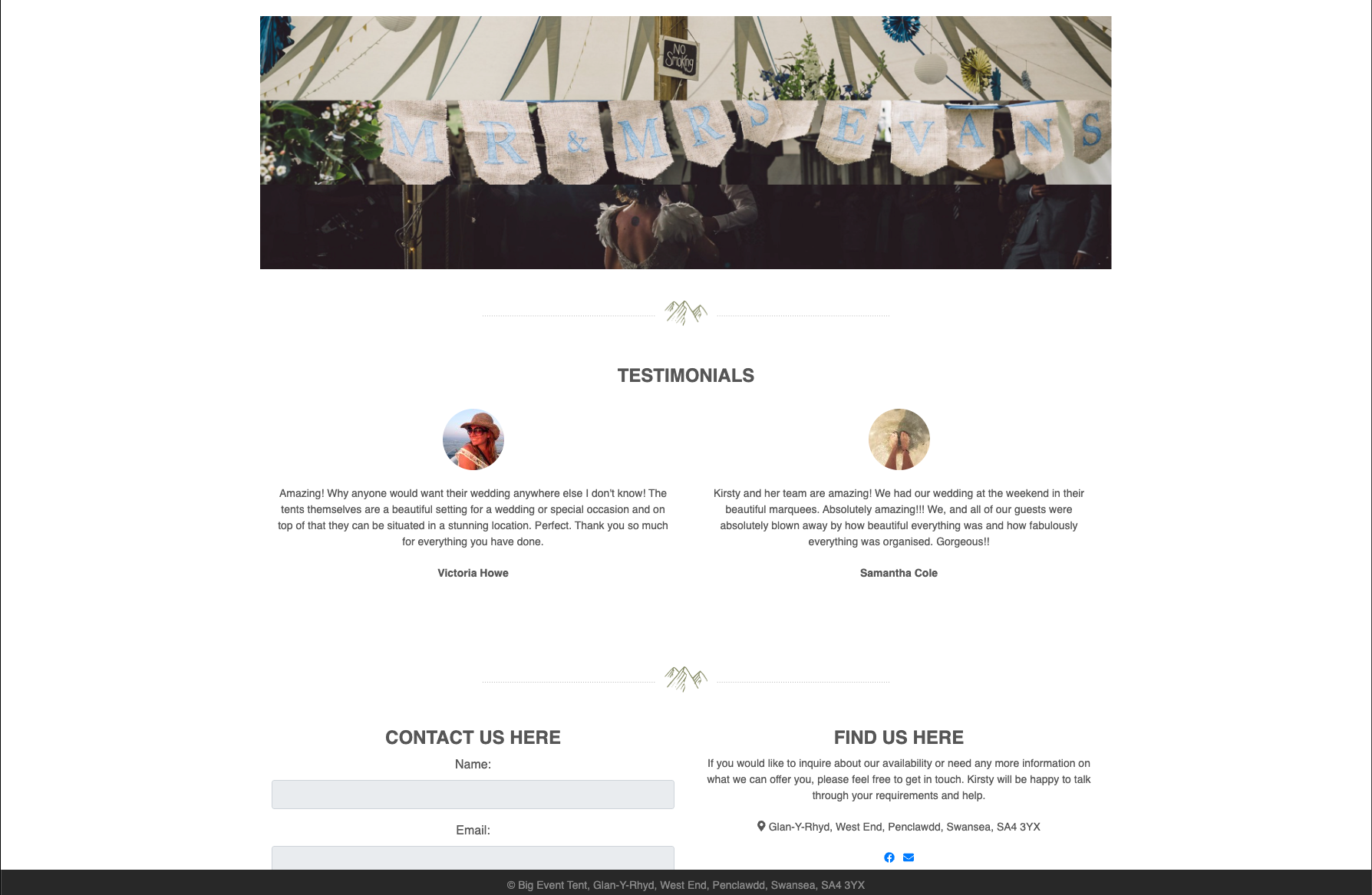 Big Event Tent website detail — decorated marquee interior photograph with a Testimonials section and a Contact Us / Find Us form below