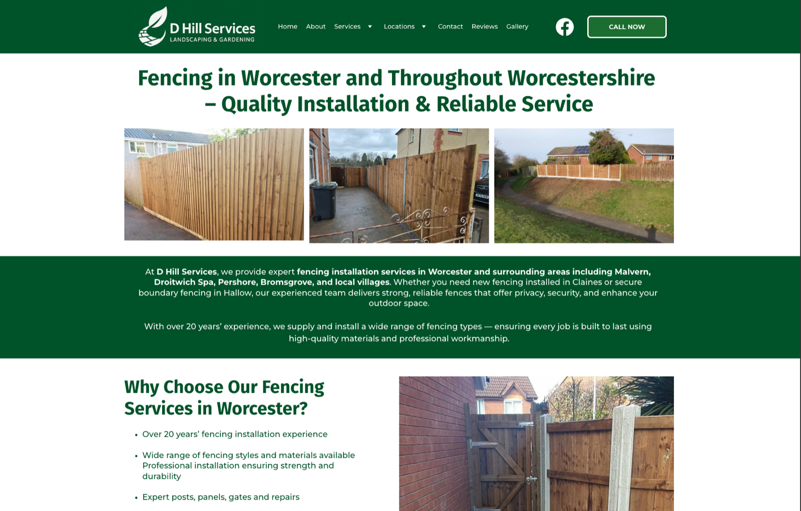 D Hill Services fencing service page — heading 'Fencing in Worcester and Throughout Worcestershire', three photographs of installed fencing, explanatory copy about the service and a 'Why Choose Our Fencing Services in Worcester?' section