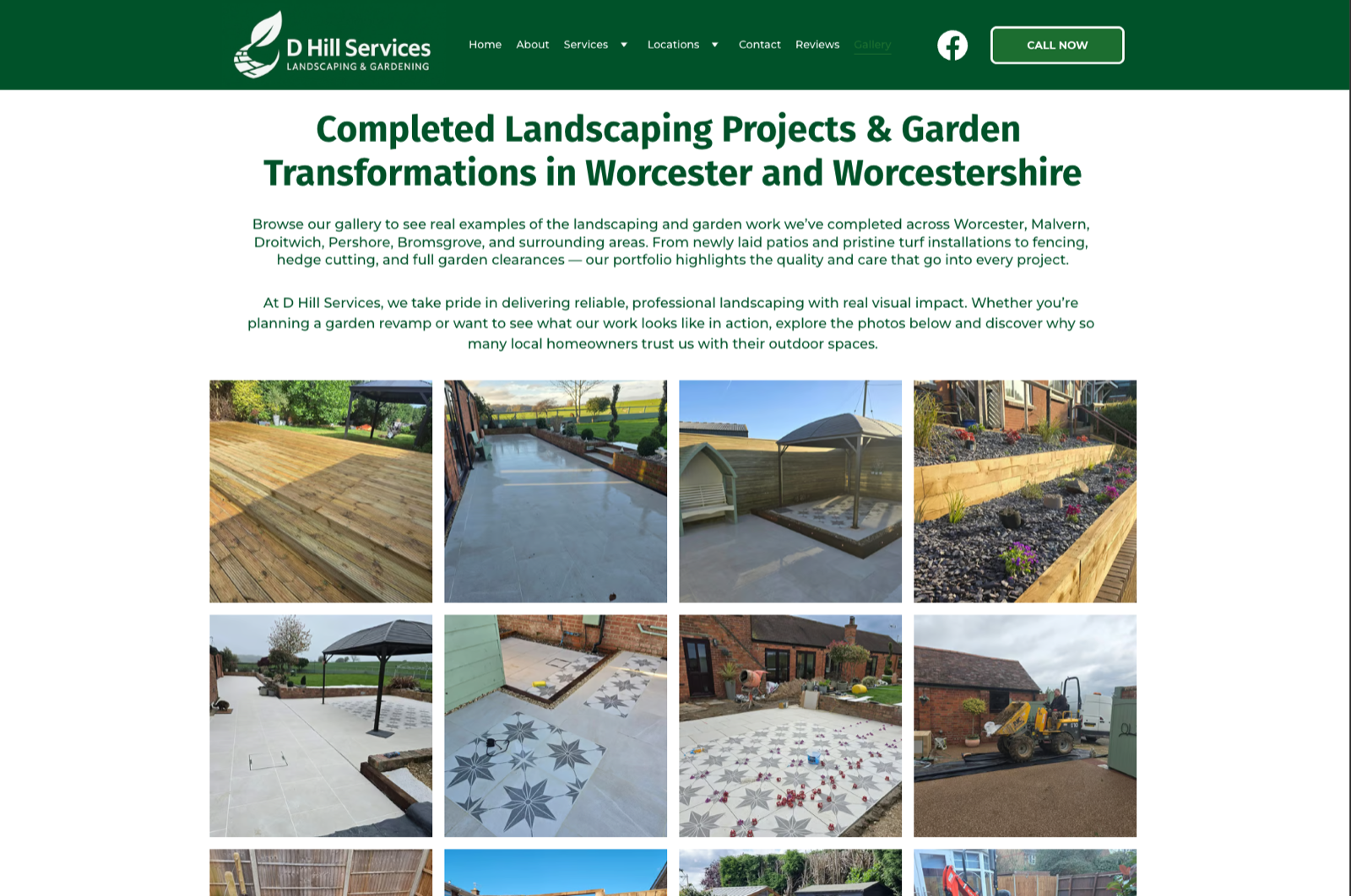 D Hill Services portfolio page — heading 'Completed Landscaping Projects & Garden Transformations in Worcester and Worcestershire' over a grid of completed garden and landscaping project photographs