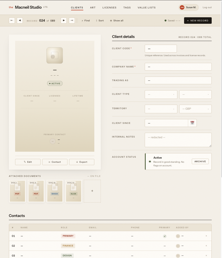 The Macneil Studio client record — company details, trading name, client type, territory, account status and contacts