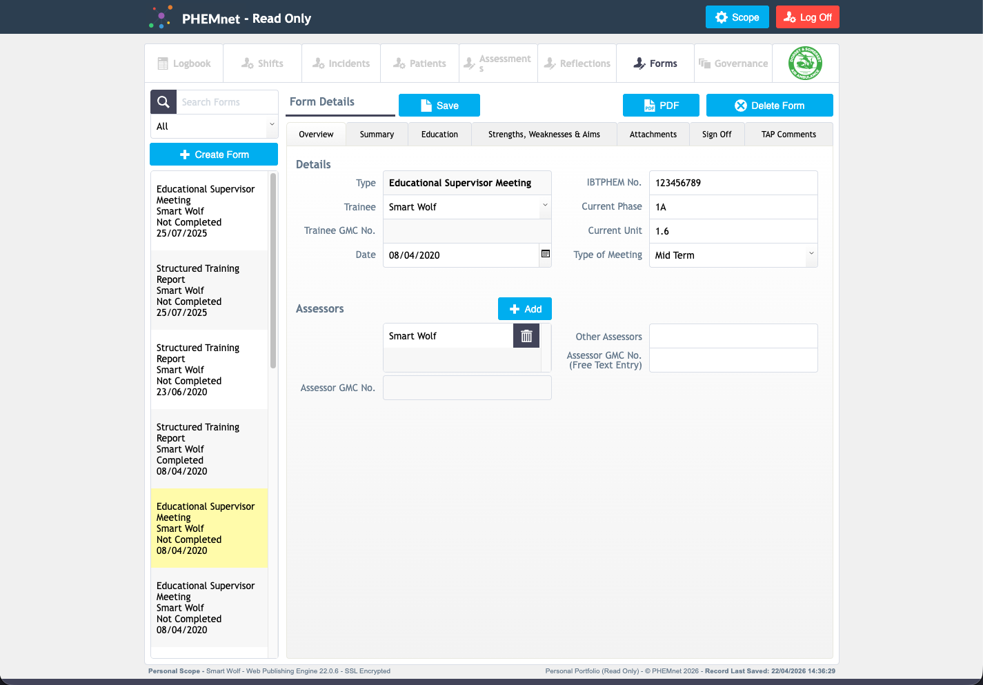PHEMnet educational supervisor meeting form — showing trainee details, phase, attachments and TAP comments