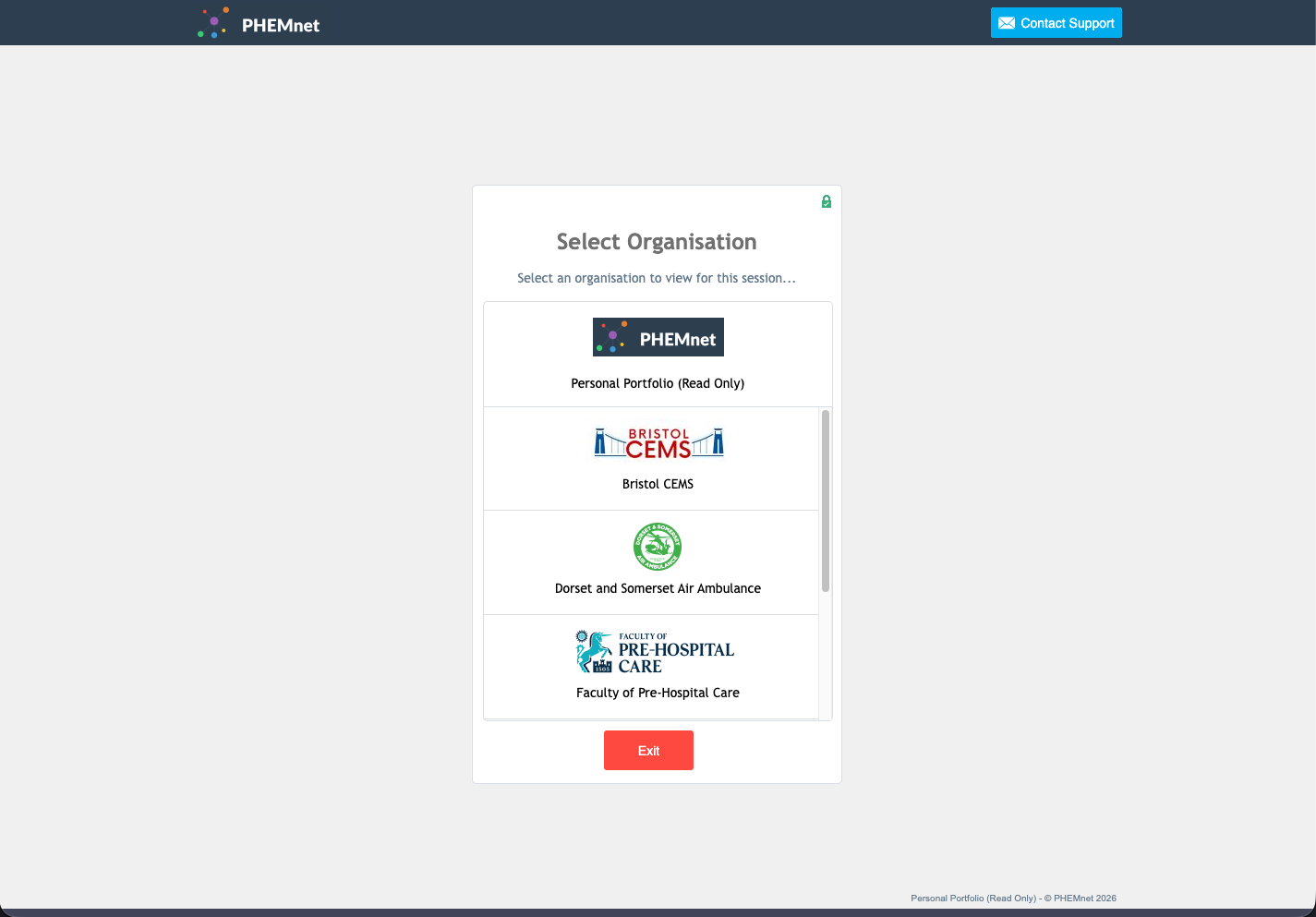 PHEMnet organisation selector — Personal Portfolio, Bristol CEMS, Dorset and Somerset Air Ambulance, Faculty of Pre-Hospital Care