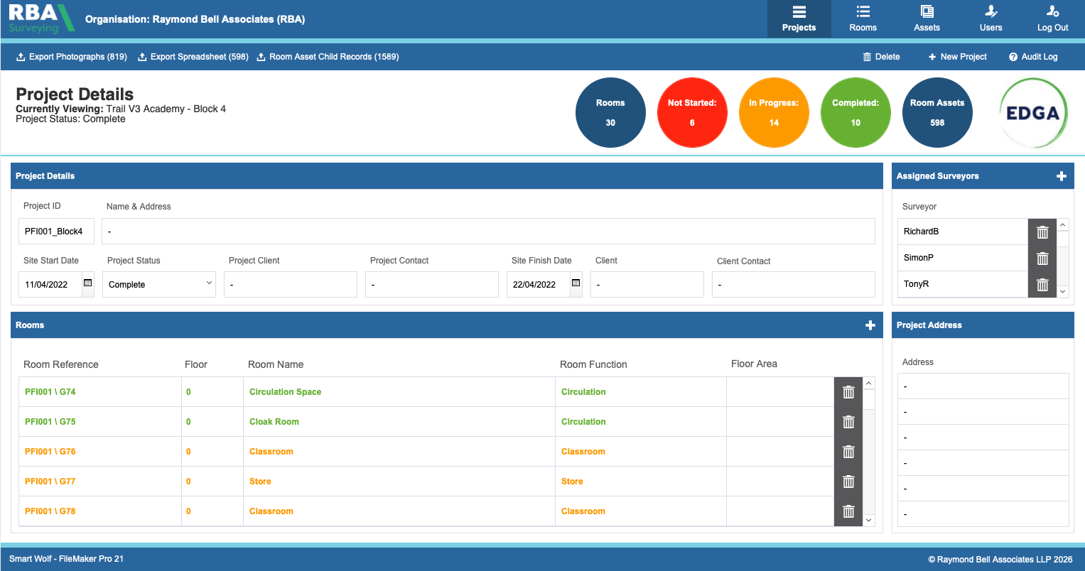 RBA Surveying FileMaker Pro project dashboard showing rooms, room assets, surveyor assignments and photo counts for a public-sector building