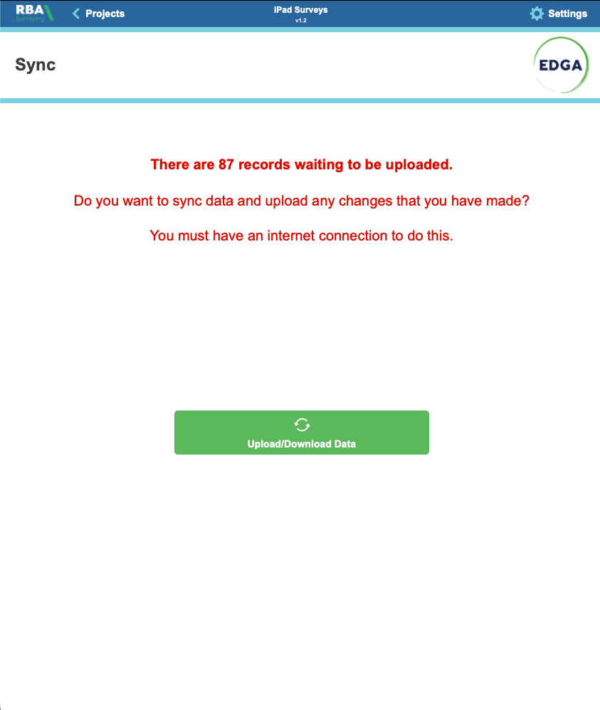 RBA Surveying iPad Sync screen showing 87 records waiting to upload when an internet connection is available