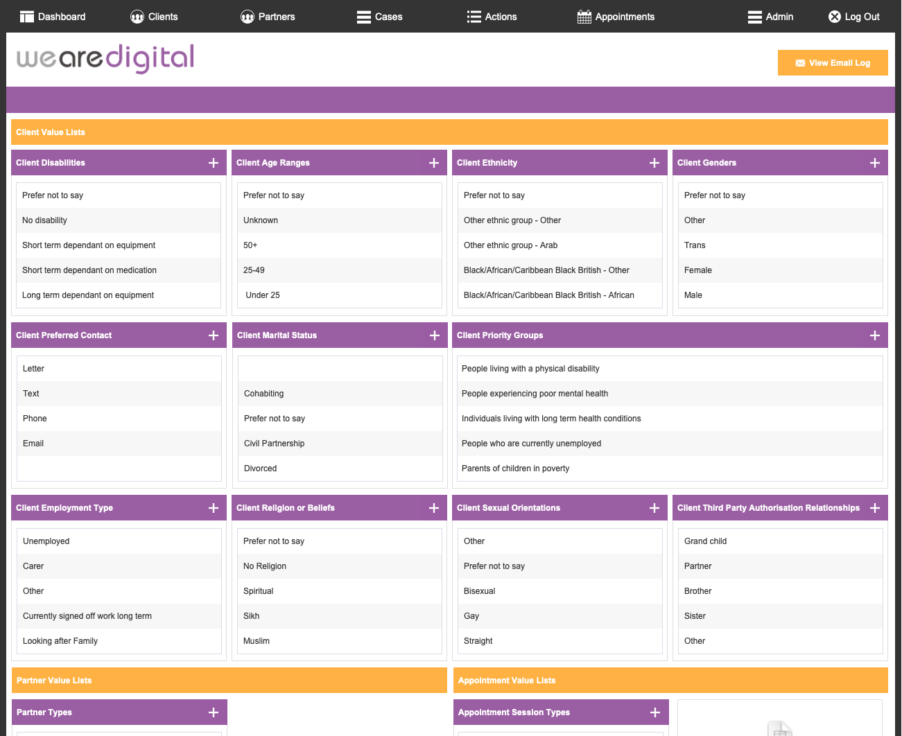 We Are Digital admin value lists — configure disabilities, priority groups, employment types and other client-record categories