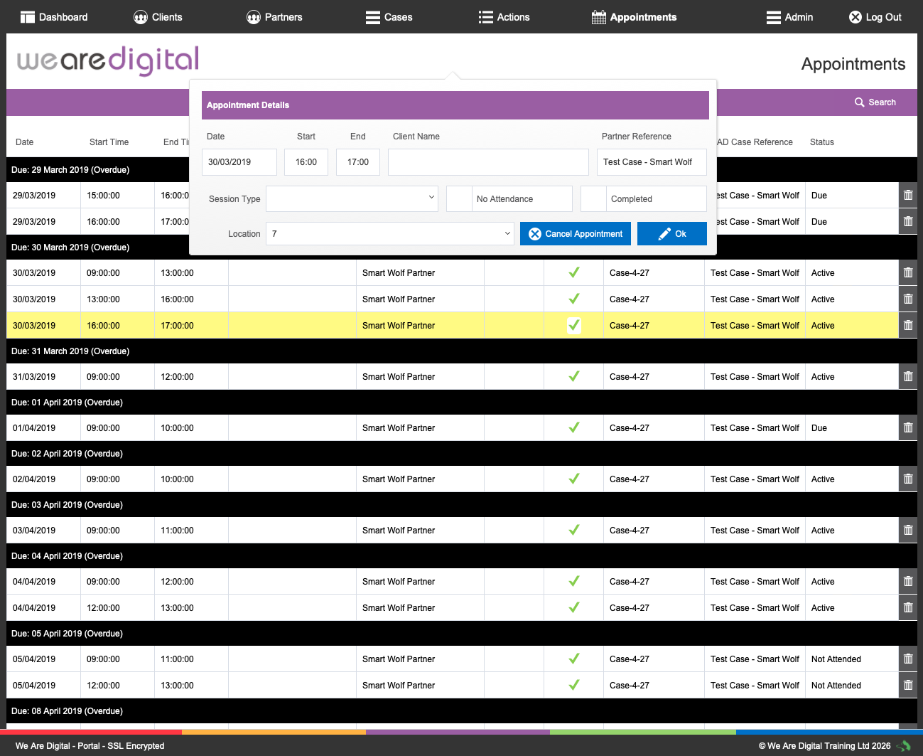 We Are Digital appointments list — dates, partner references, case types and attendance status