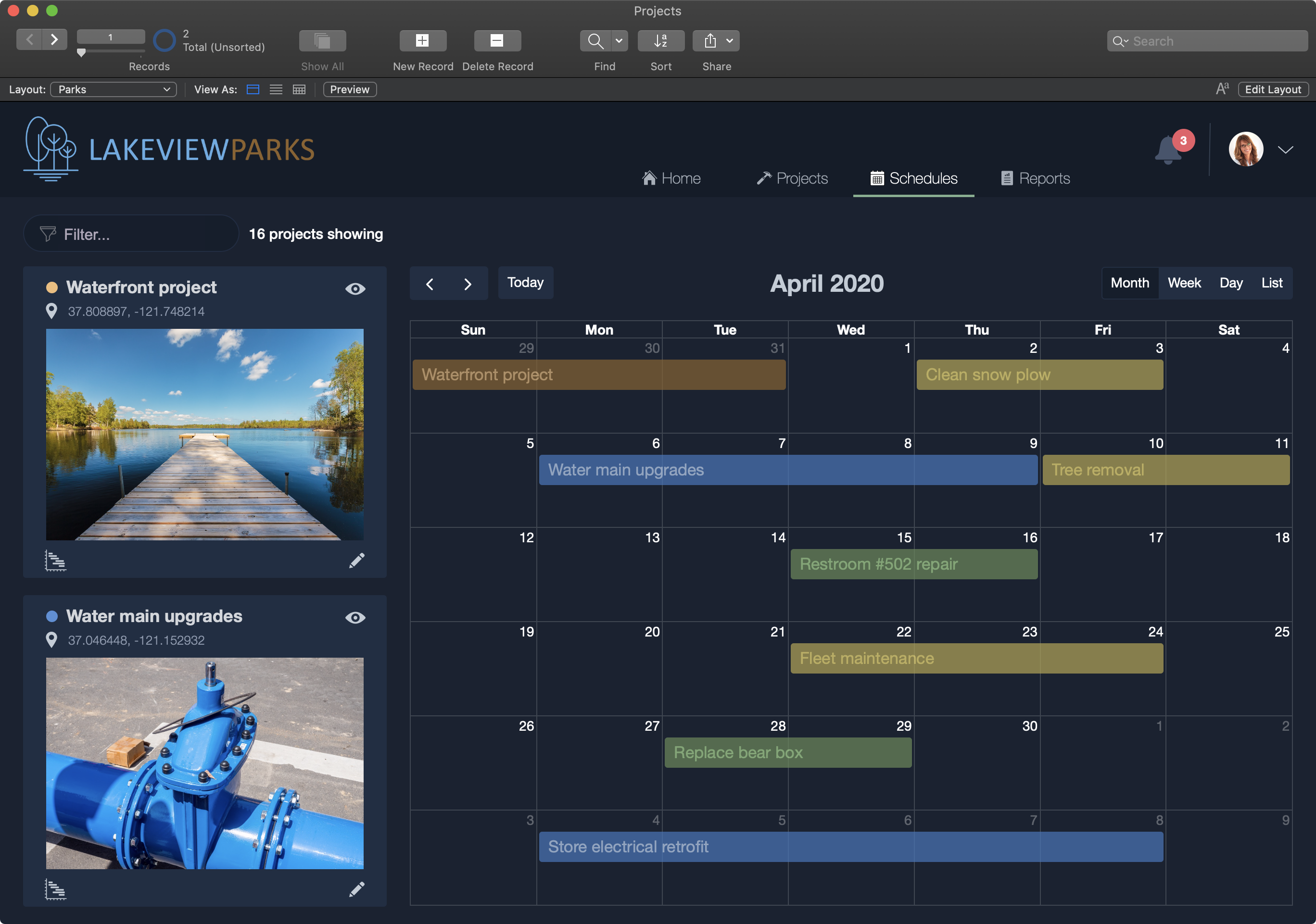 FileMaker project scheduling layout — image-rich project records on the left next to a team-wide month calendar with colour-coded jobs